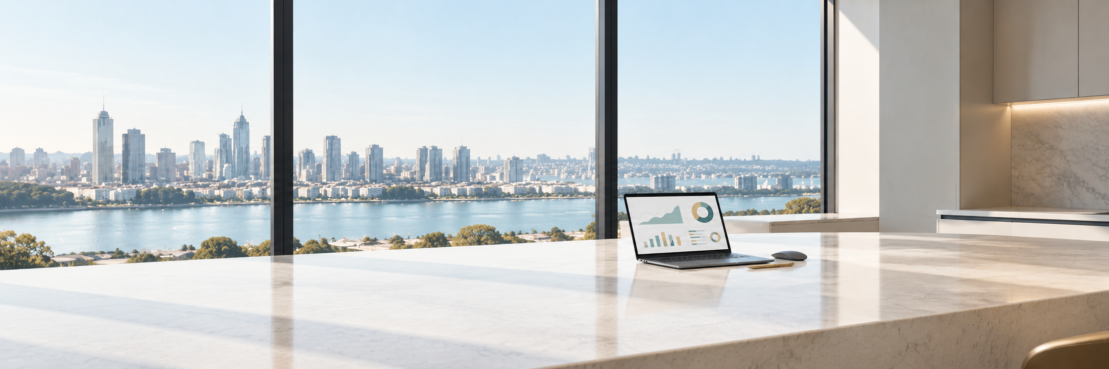 Illustrative contemporary workspace overlooking water and city buildings, with a smaller laptop in the midground.